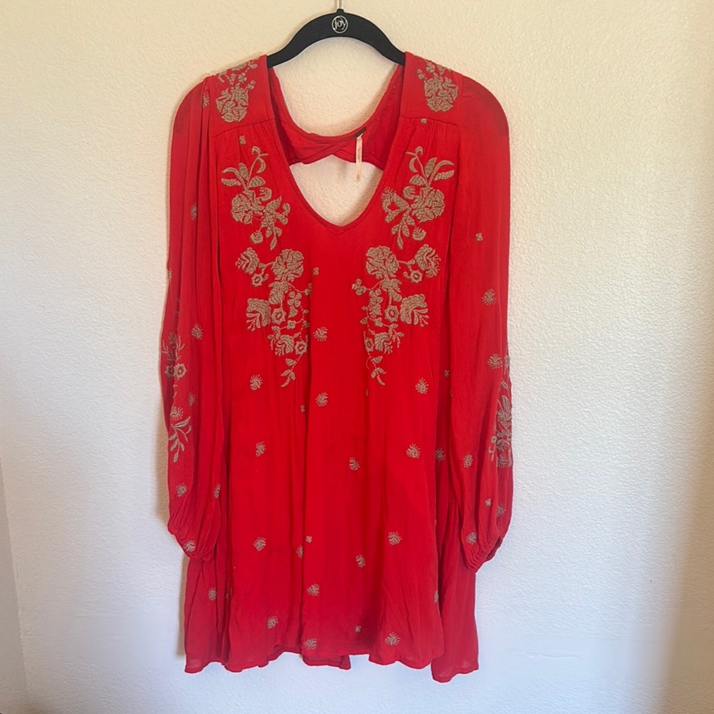 Red Embroidered V-Neck Tunic Dress, excellent condition!